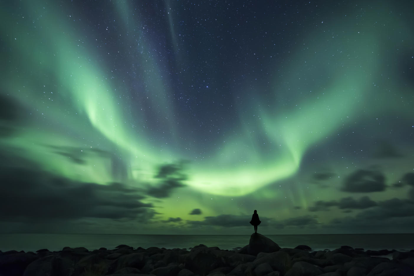 Norway, Lofoten Islands, Eggum, man standing on rock and watching northern lights
Royalty free image