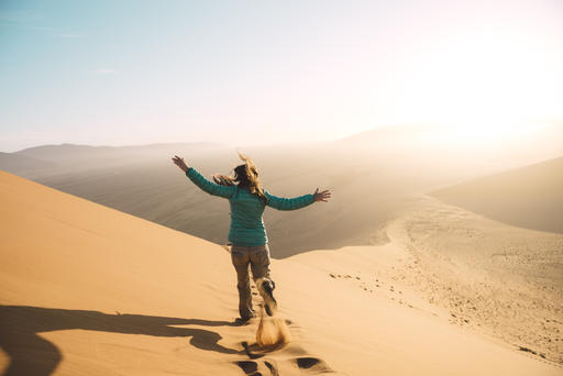 Namibia, Namib Desert, Sossusvlei, Woman running down the Dune 45 at sunrise
Royalty free image