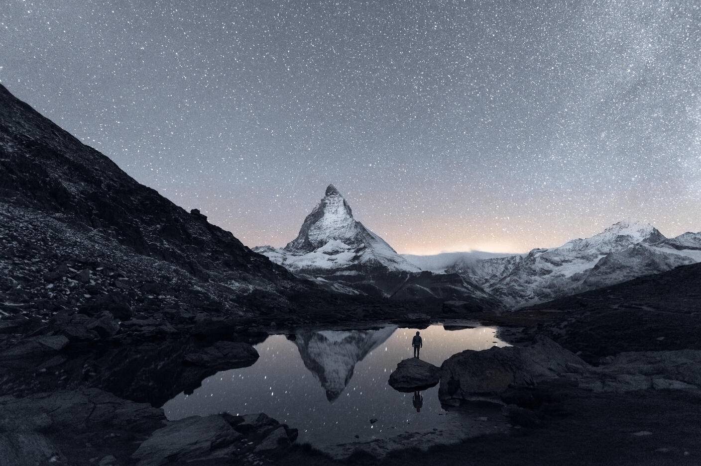 Matterhorn reflecting over Lake Riffelsee at night, Zermatt, Valais, Switzerland
Royalty free image