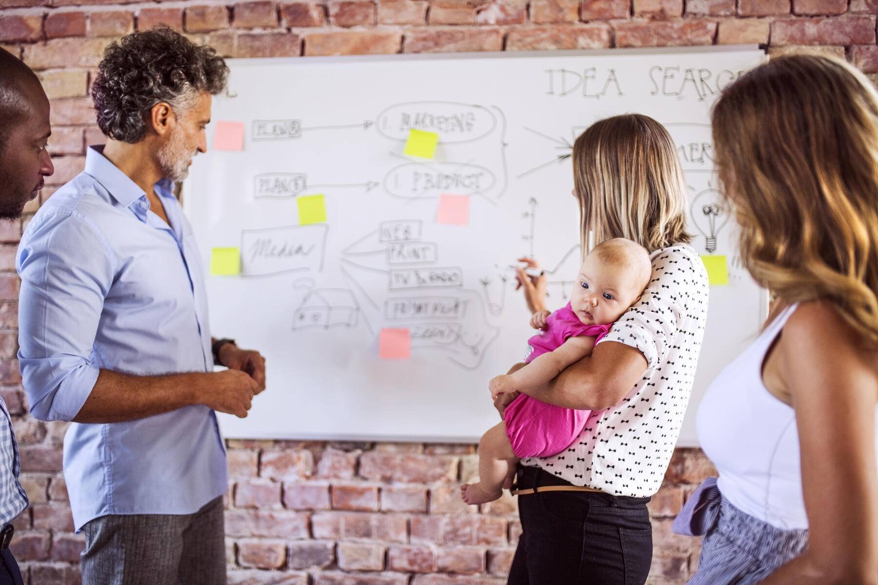 Mutter mit Baby arbeitet zusammen mit dem Team am Whiteboard an einer Backsteinmauer im Büro Lizenzfreies Stockfoto Mutter mit Baby arbeitet zusammen mit dem Team am Whiteboard an einer Backsteinmauer im Büro
Lizenzfreies Stockfoto