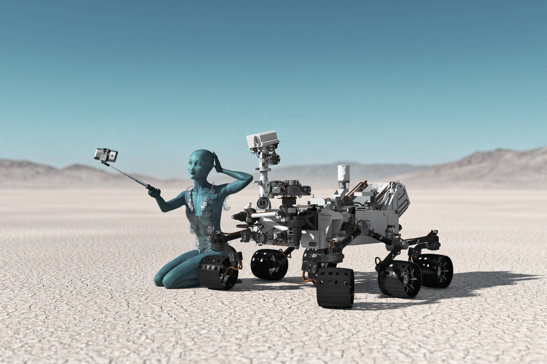 Futuristic woman posing for cell phone selfie in desert
Royalty free image