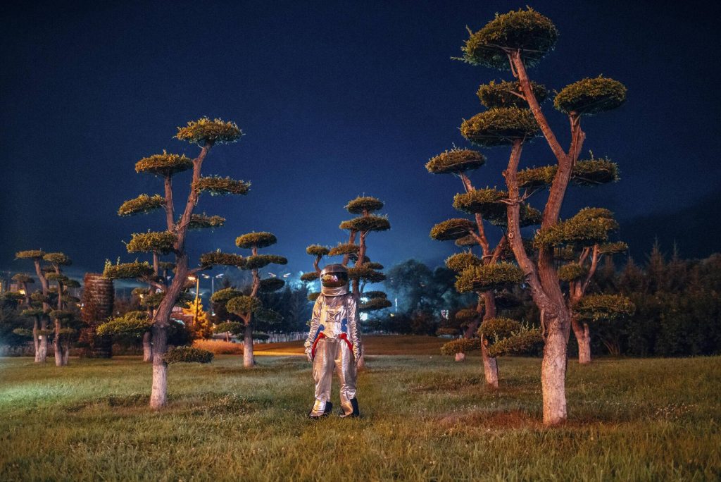 Spaceman standing in a park at night
Royalty free image