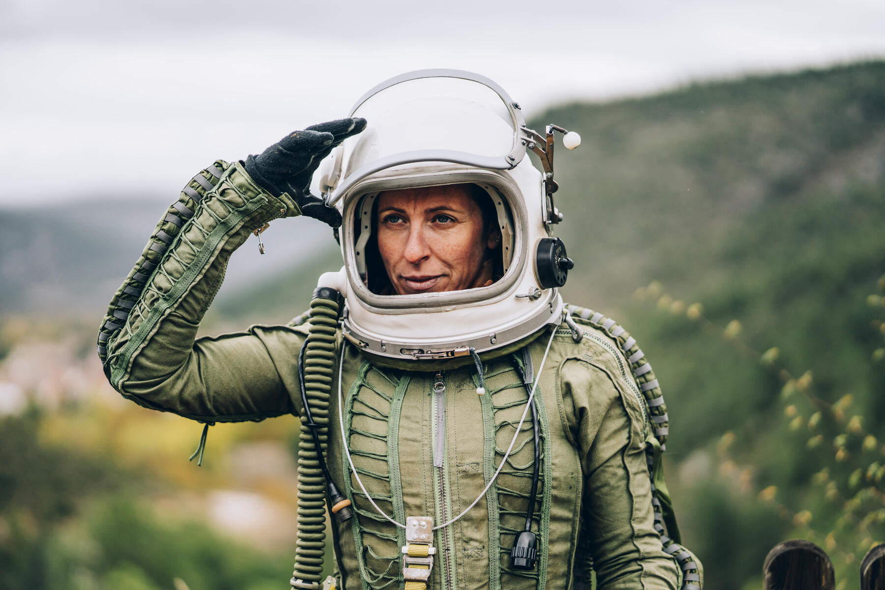 stock image, royalty-free, Portrait of woman in space suit exploring nature