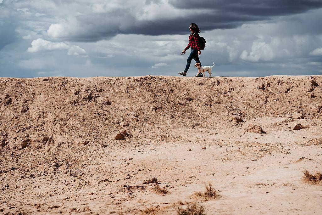 Spain, Navarre, Young woman hiking with dog in Bardenas Reales
Royalty free image