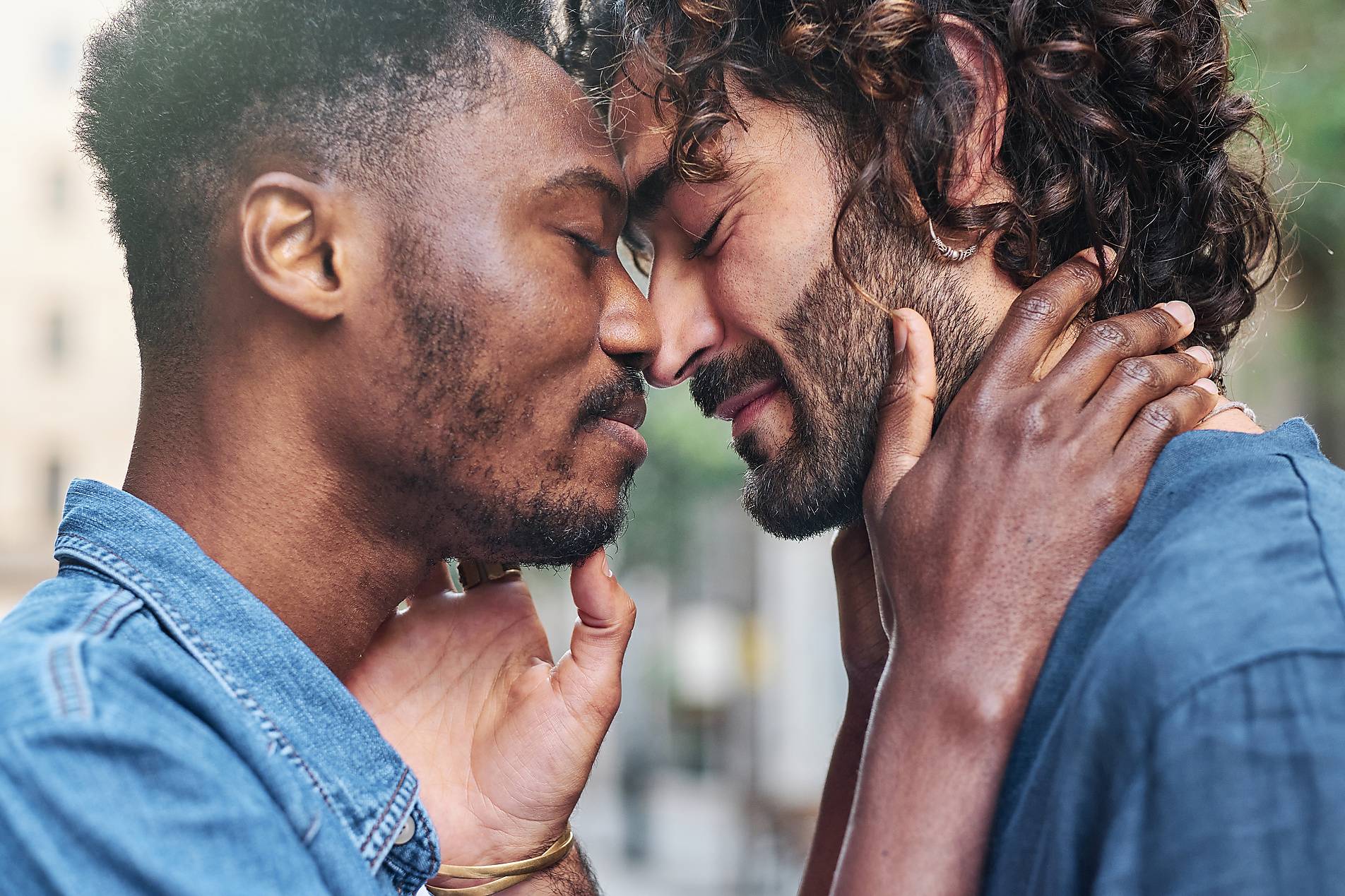 stock photo, royalty-free, Gay couple with eyes closed, romance, Diversity