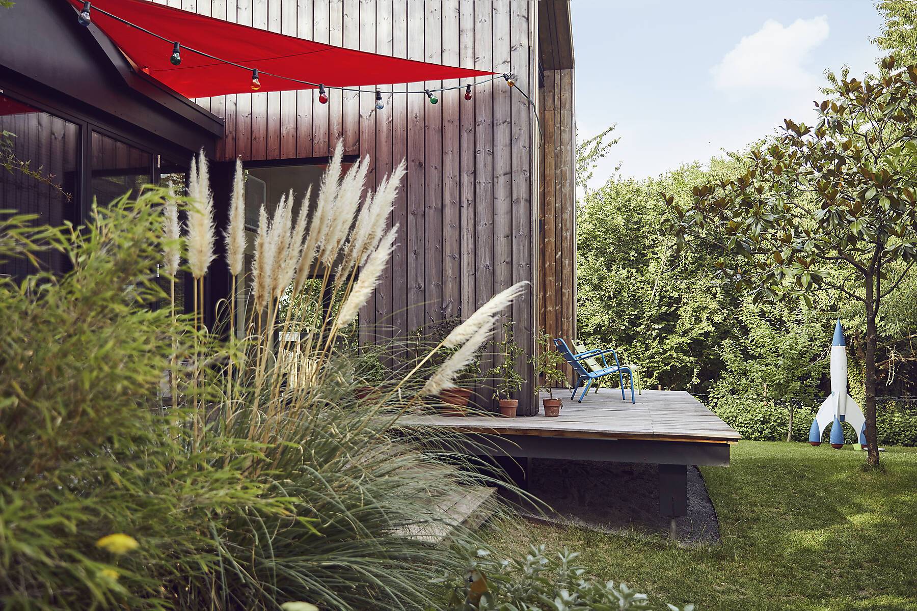 stock image, royalty-free, Plants growing outside tiny house in yard