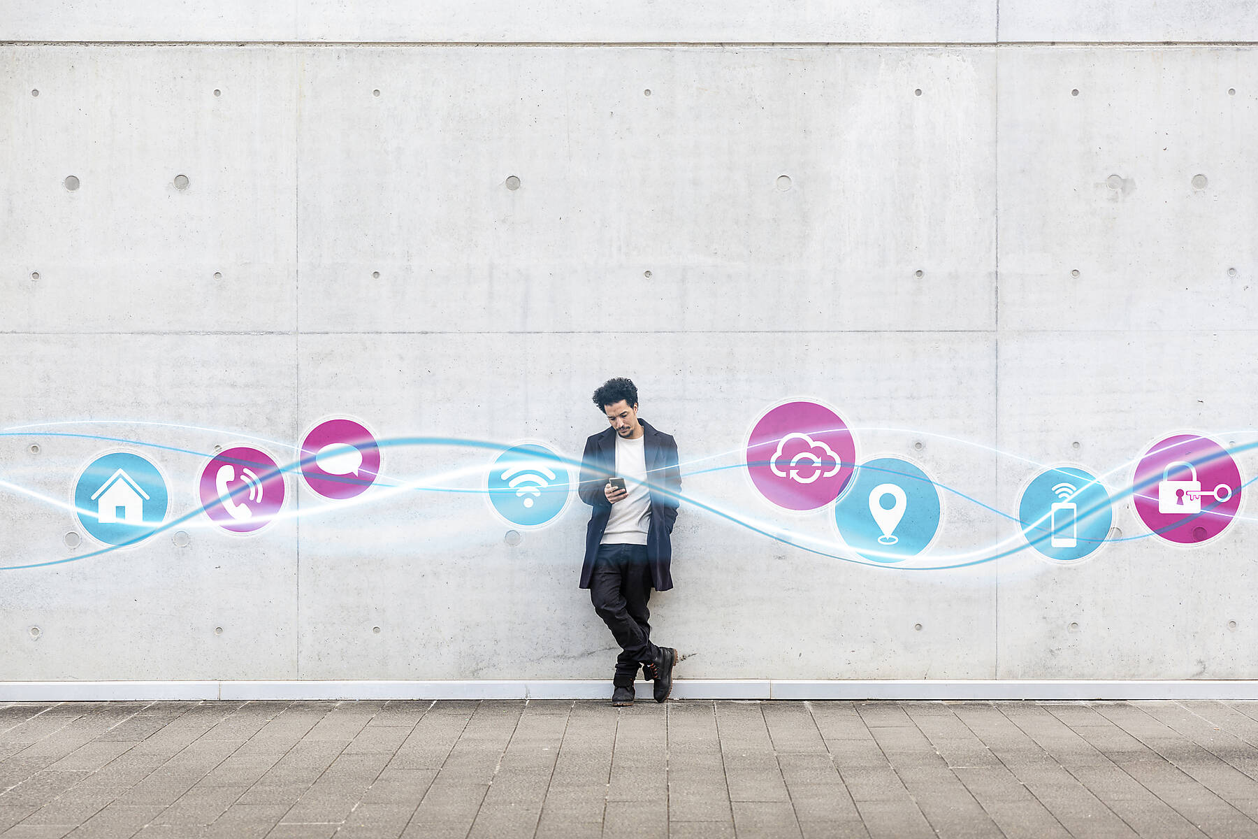 royalty-free, stock image, Connection lighting effects and App icons passing by young man mobile phone