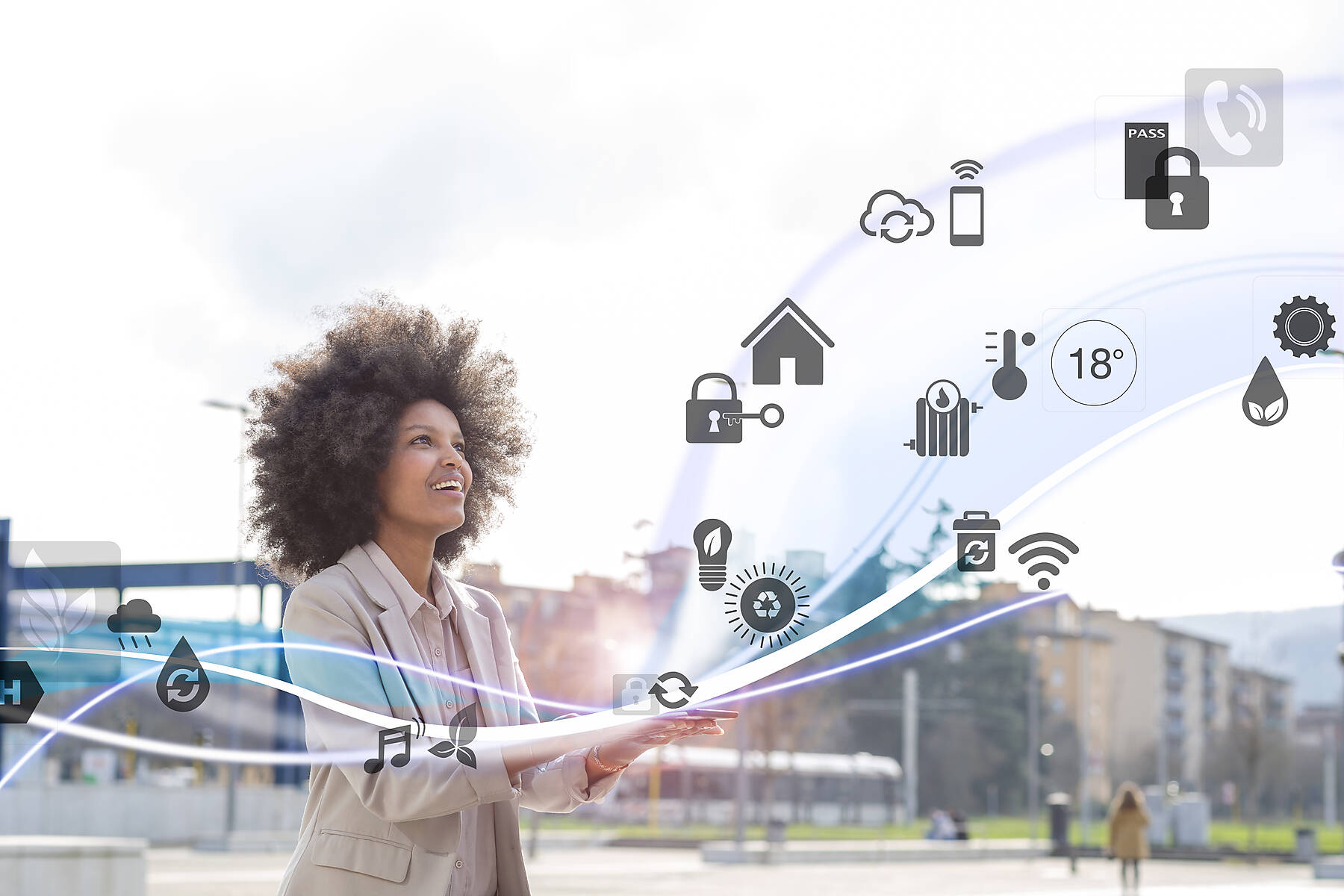 stock image, royalty-free, Young black woman looking at lighting effects and App coming out from mobile phone
