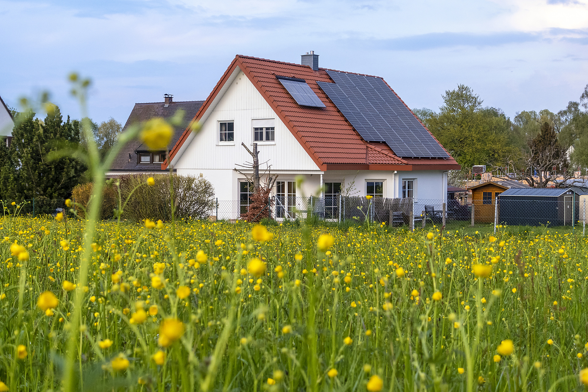 Stock photo, royalty free, solar panels on the roof of a house by a meadow, solar energy, energy transition, climate change, sustainable, emission free, climate positive,