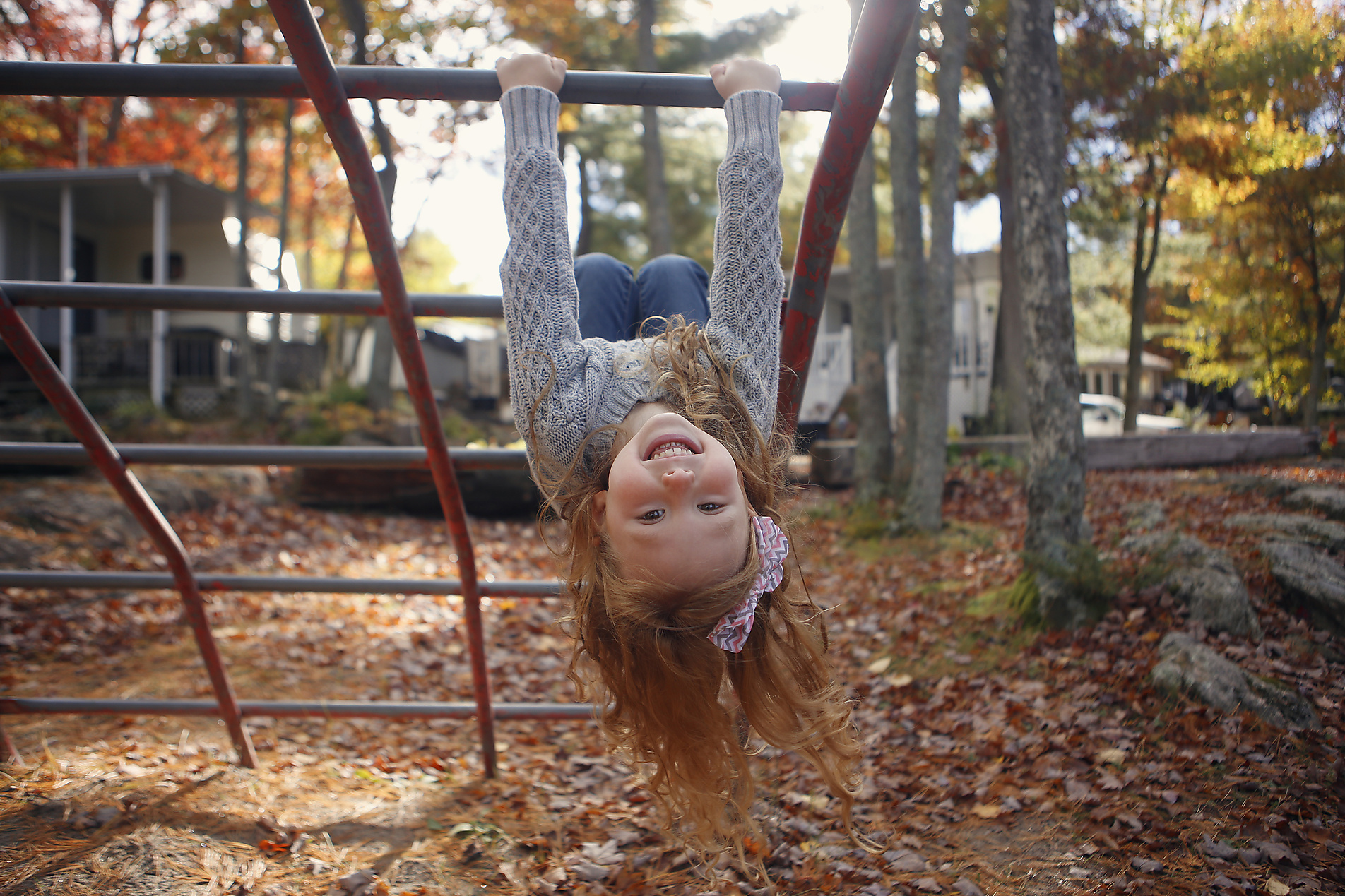 royalty-free stock image, Portrait of happy girl playing on jungle gym in playground during autumncavan images,