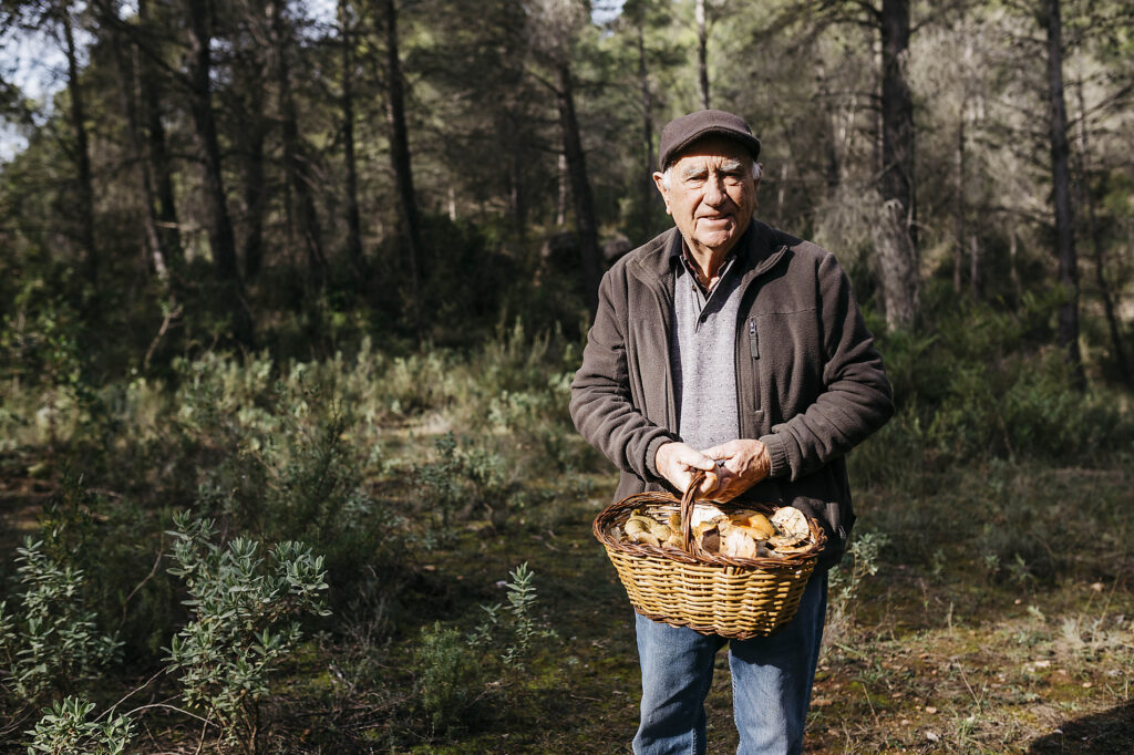 Stockfoto, lizenzfrei, Portrait eines alten Mannes im Wald mit einem Korb voller Pilze, Herbst, Fotograf Josep Rovirosa