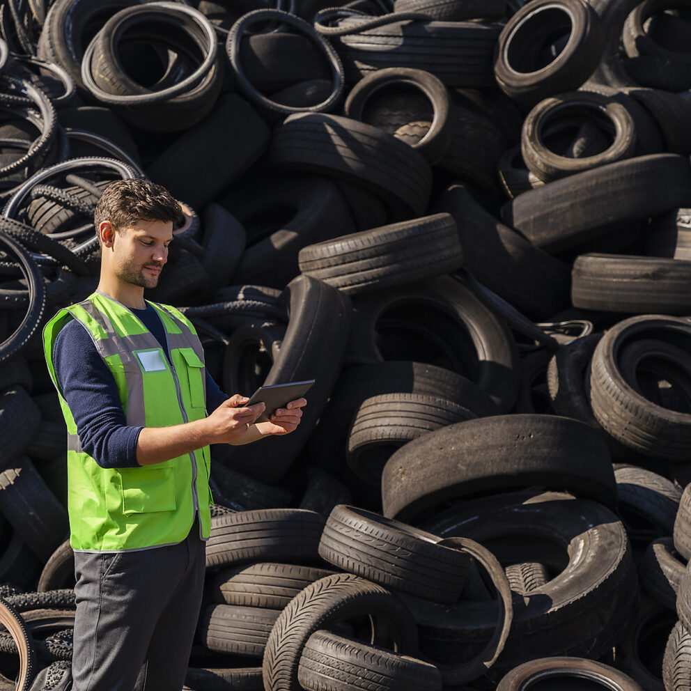 stock image, royalty-free, Man using tablet PC in front of rubber tires at recycling center, Westend61, Pyrum Innovations, Recycling, Sustainability, eco-friendly, Industry, Daniel Ingold