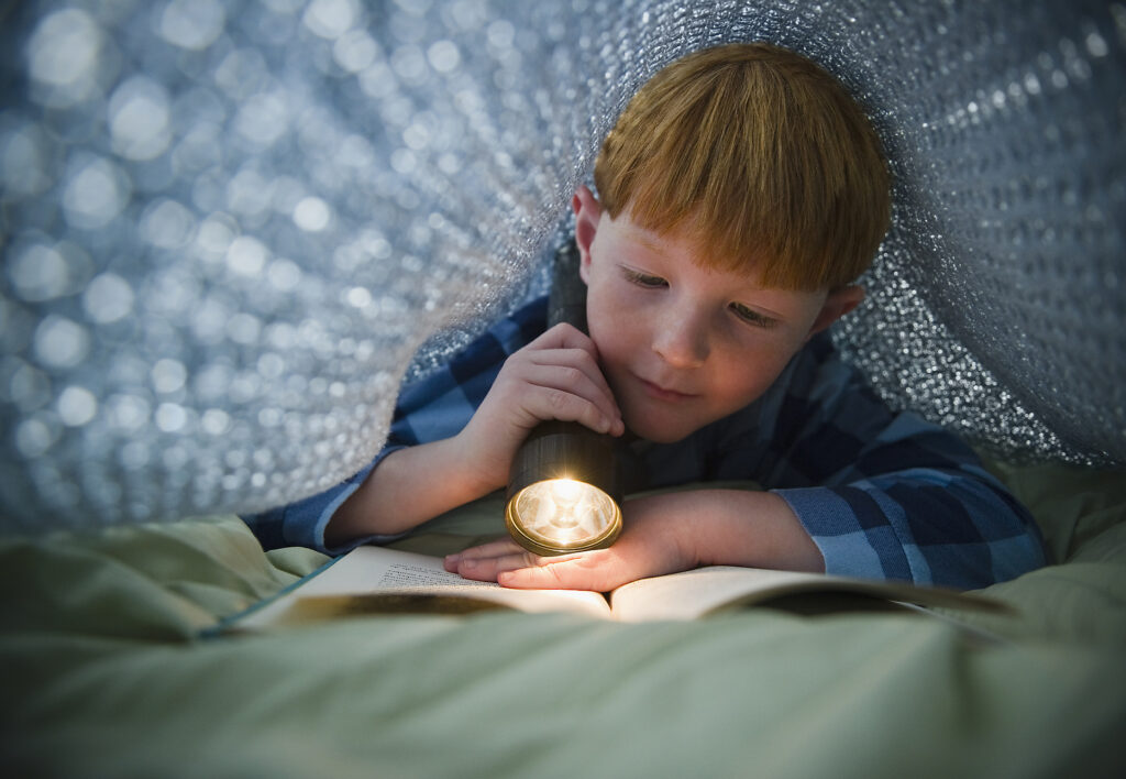 stock image, royalty-free, Boy (8-9) reading book under bed covers, westend61, tetra images, education, school, future,