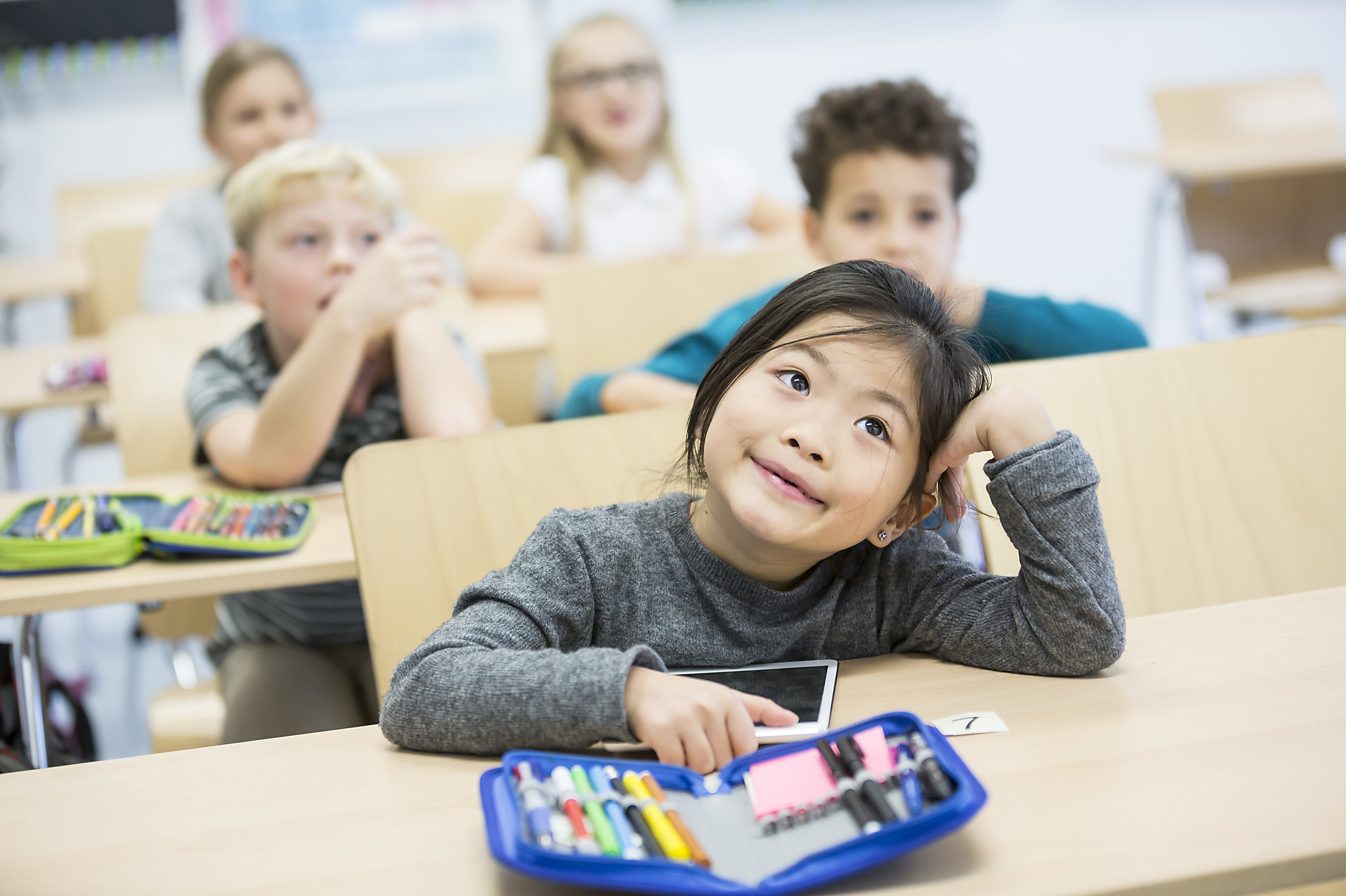 stock image, royalty-free, westend61, future, education, Portrait of schoolgirl with classmates in class
