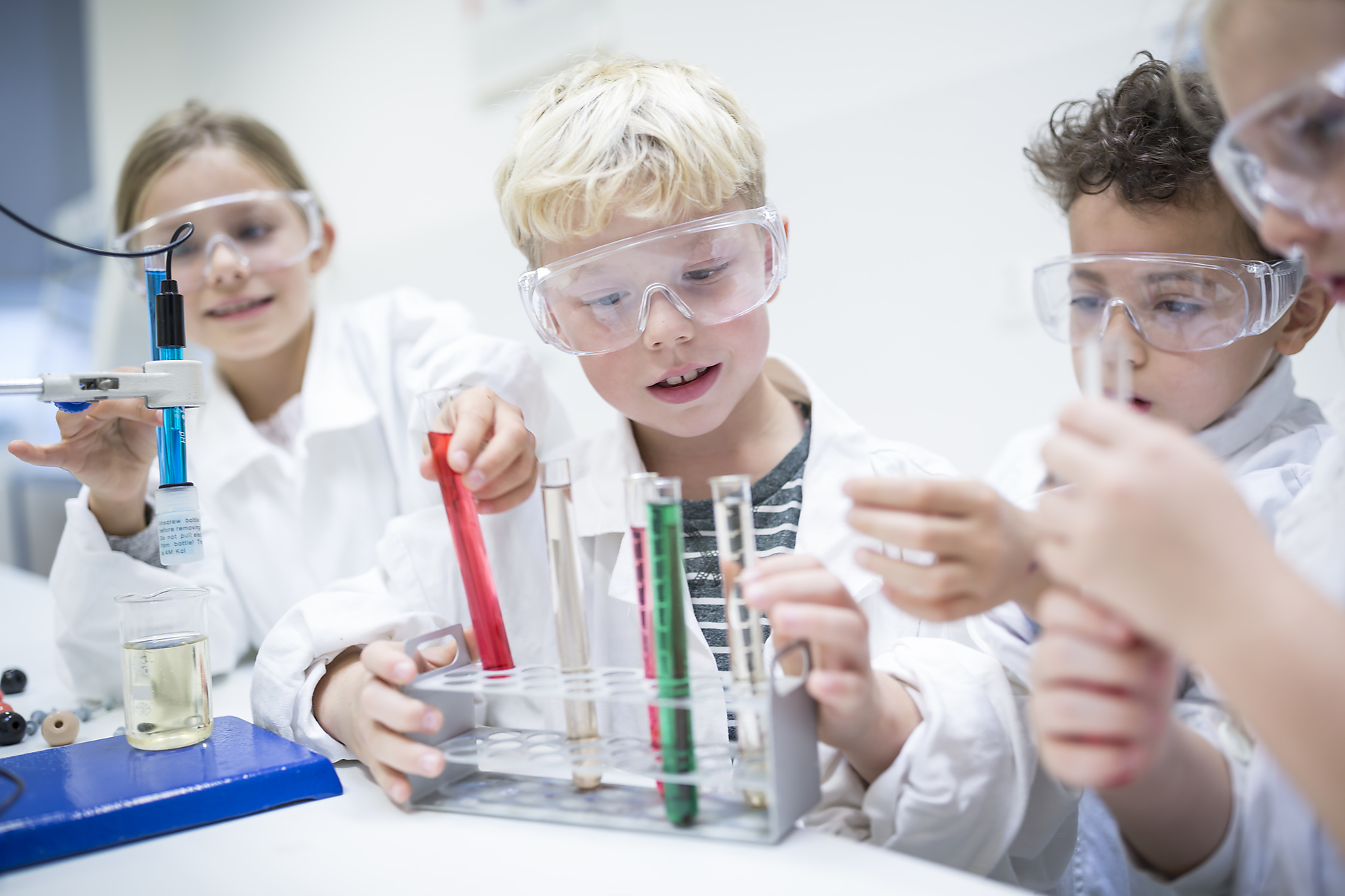 stock image, royalty-free, westend61, future, education, school, Pupils in science class experimenting with liquids in test tubes