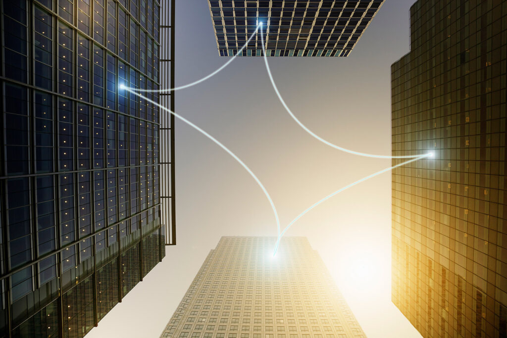 Fiber optic light communication connecting highrise buildings, concept, stock image, royalty-free, connectivity, ai, artificial intelligence, big data, trends 2023, visual trends, inspiration