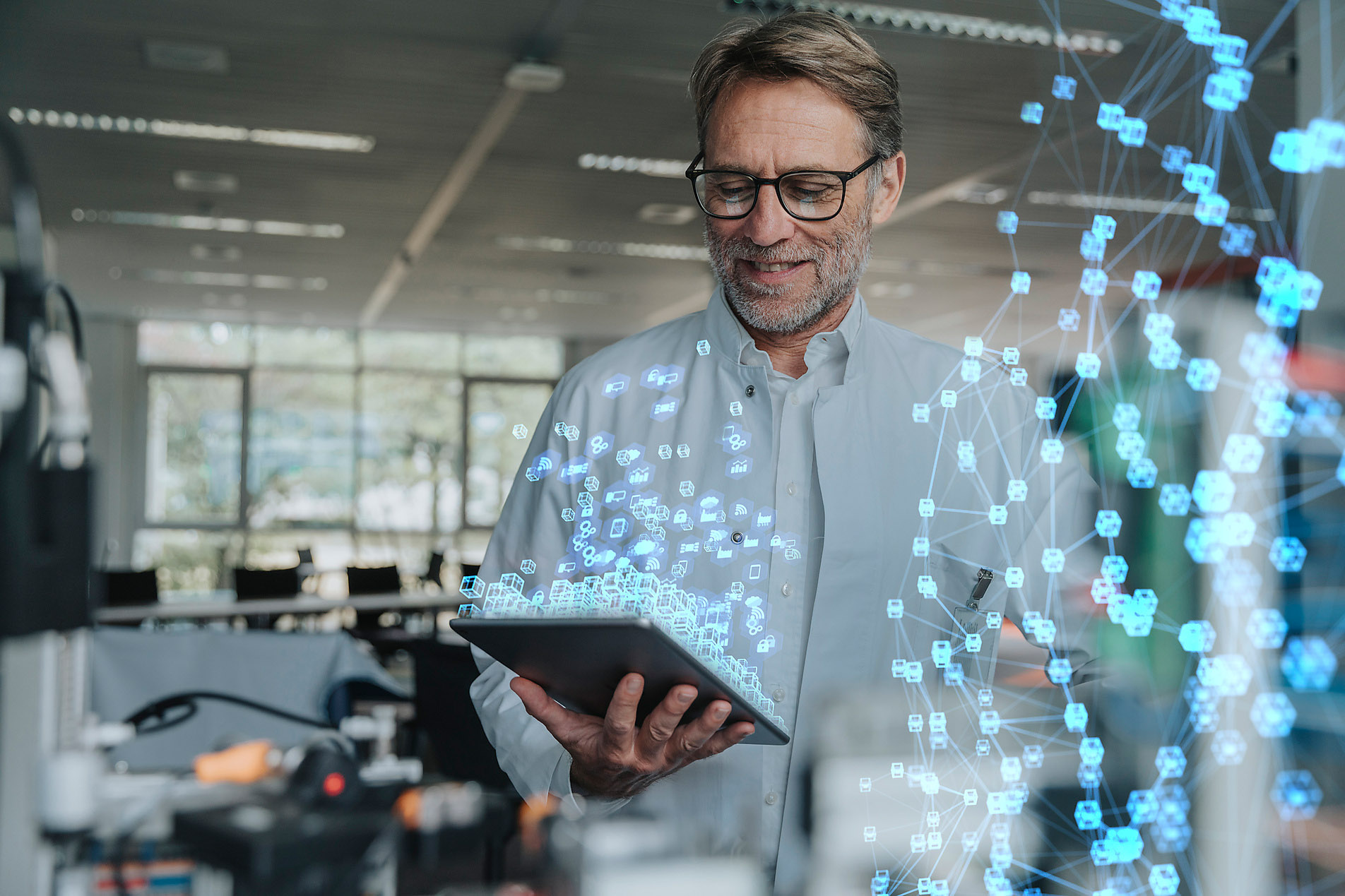 Smiling male engineer with digital tablet working on networking project, stock image, royalty-free, westend61, connectivity, interfaces, ai, artificial intelligence, big data, infinite lux,