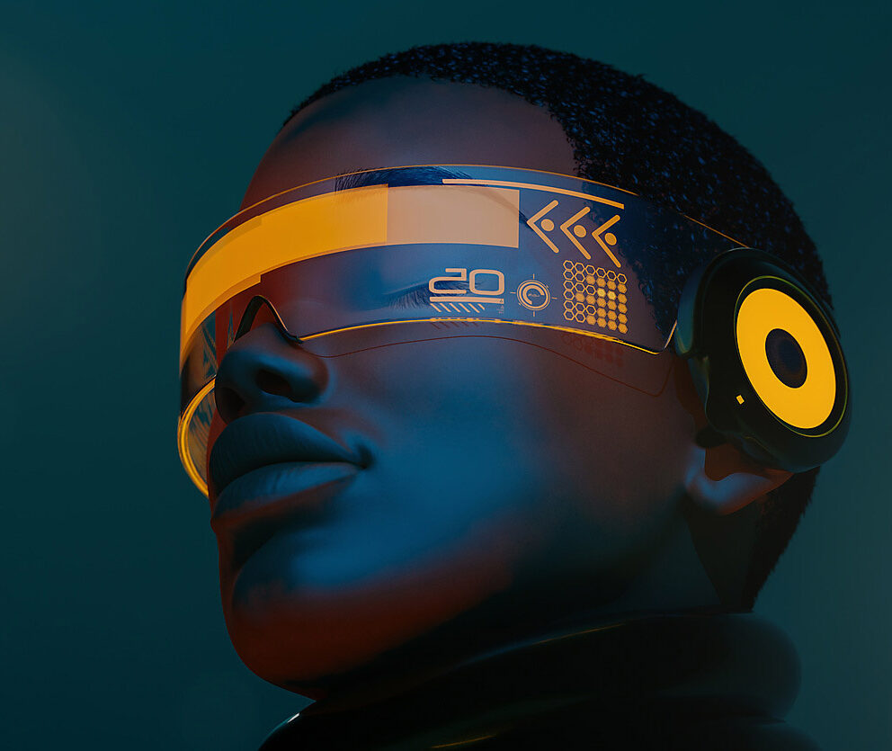 Portrait of black woman wearing augmented virtual reality goggles in metaverse, stock image, royalty-free, westend61