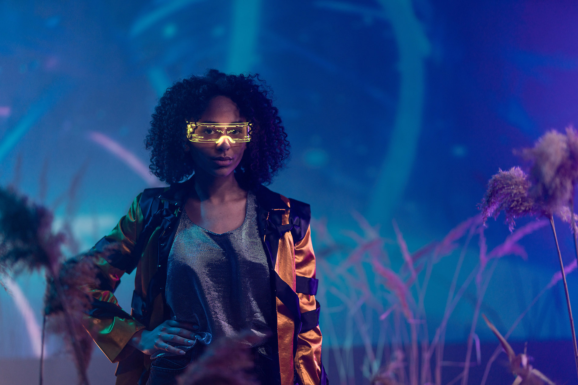 Metaverse digital cyber world technology, a woman with virtual reality VR goggles playing augmented reality game, futuristic lifestyle, stock image, royalty-free, westend61