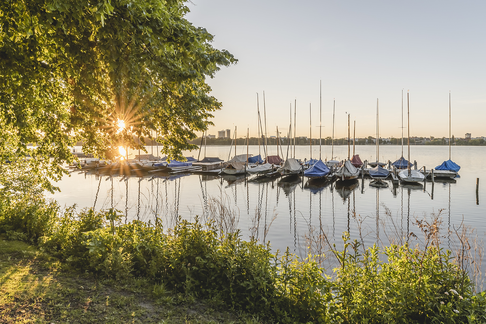 Stockphoto, Royalty Free Stock Image, Sailboats moored along Outer Alster Lake jetty at sunrise, Hamburg, Germany