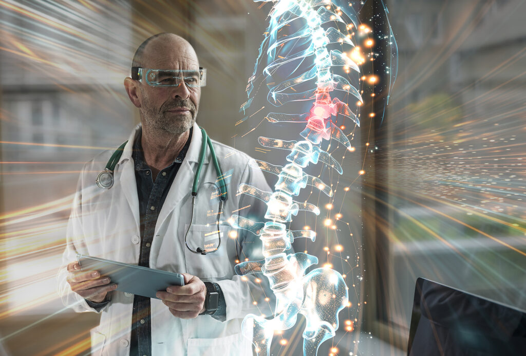 Ein Arzt trägt eine futuristische Brille und analysiert die Wirbelsäule mit Hilfe von KI-Technologie Lizenzfreies Stockfoto Ein Arzt trägt eine futuristische Brille und analysiert die Wirbelsäule mit Hilfe von KI-Technologie
Lizenzfreies Stockfoto