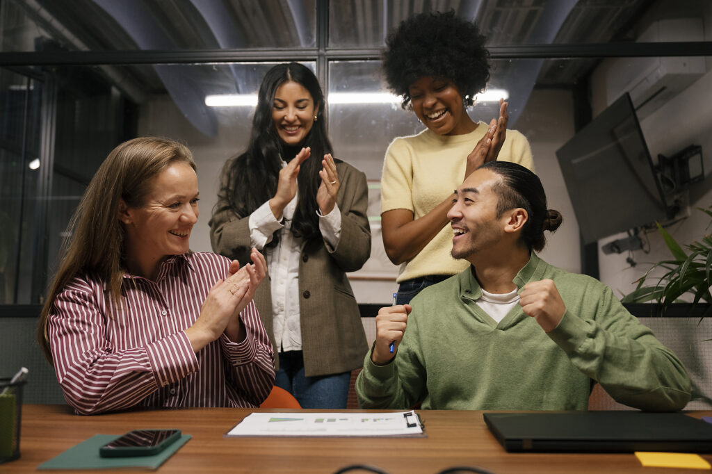 Team celebrates business success during meeting in office Royalty-free image Team celebrates business success during meeting in office
Royalty-free image