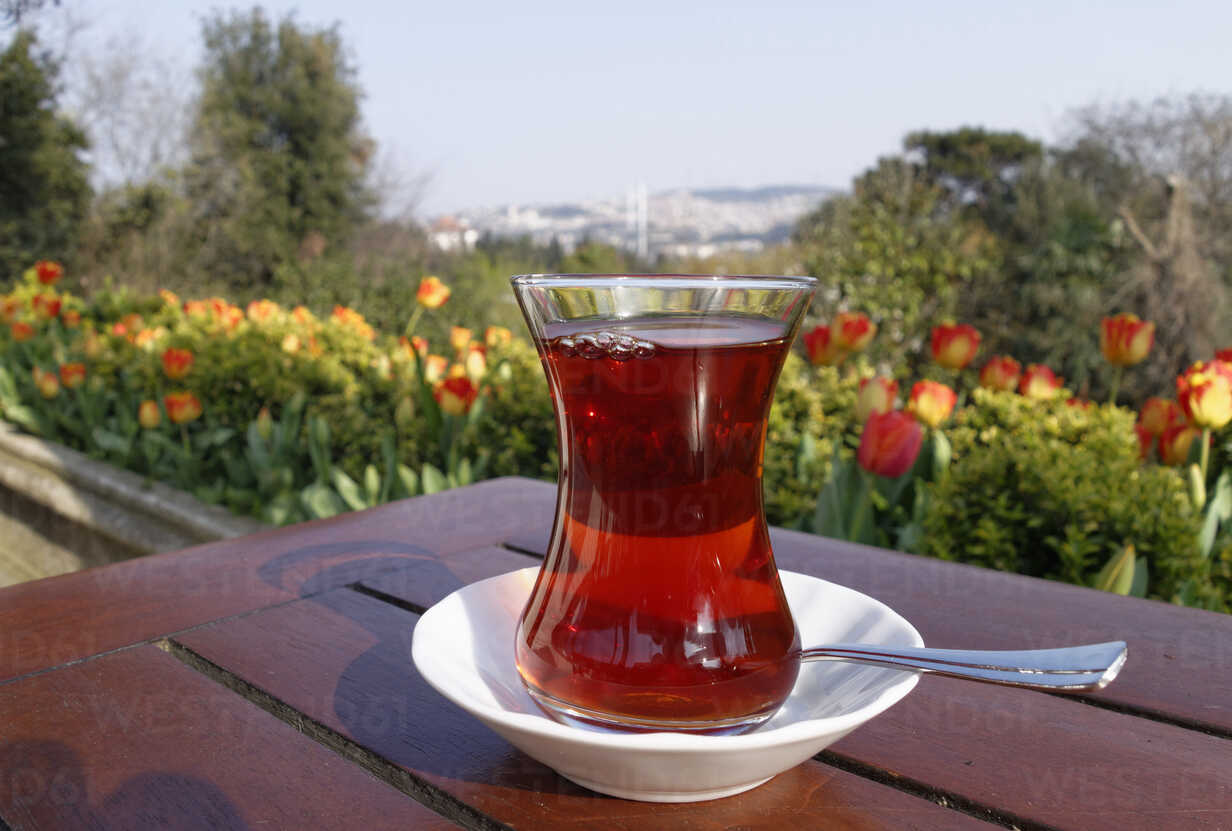 Turkey, Istanbul, Yildiz Park, Cay, Glass of Turkish tea stock photo