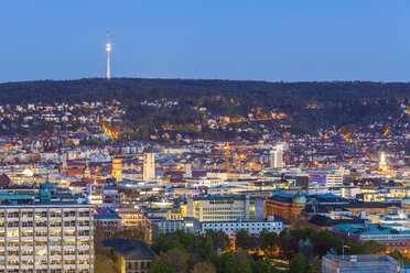 Germany, Stuttgart, cityscape with TV tower in the evening, blue hour - WDF003593