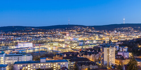 Germany, Stuttgart, panoramic cityscape with TV tower in the evening, blue hour - WDF04685