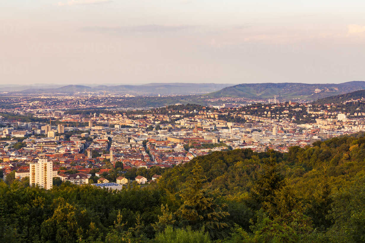 Germany, Baden-Wuerttemberg, Stuttgart, Cityscape with TV Tower in the evening, view from Birkenkopf stock photo