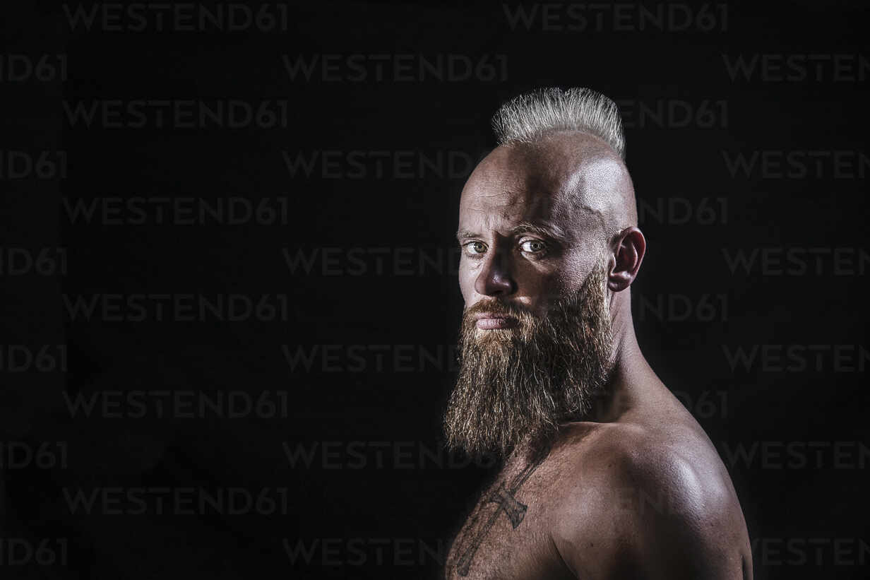 Shirtless male viking with beard and mohawk hairstyle against black  background stock photo