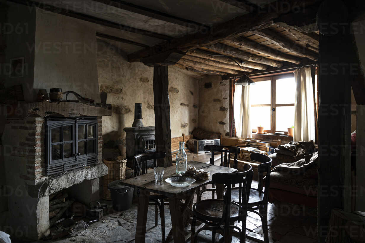 hundred Marxism smuggling Interior of rustic house stock photo